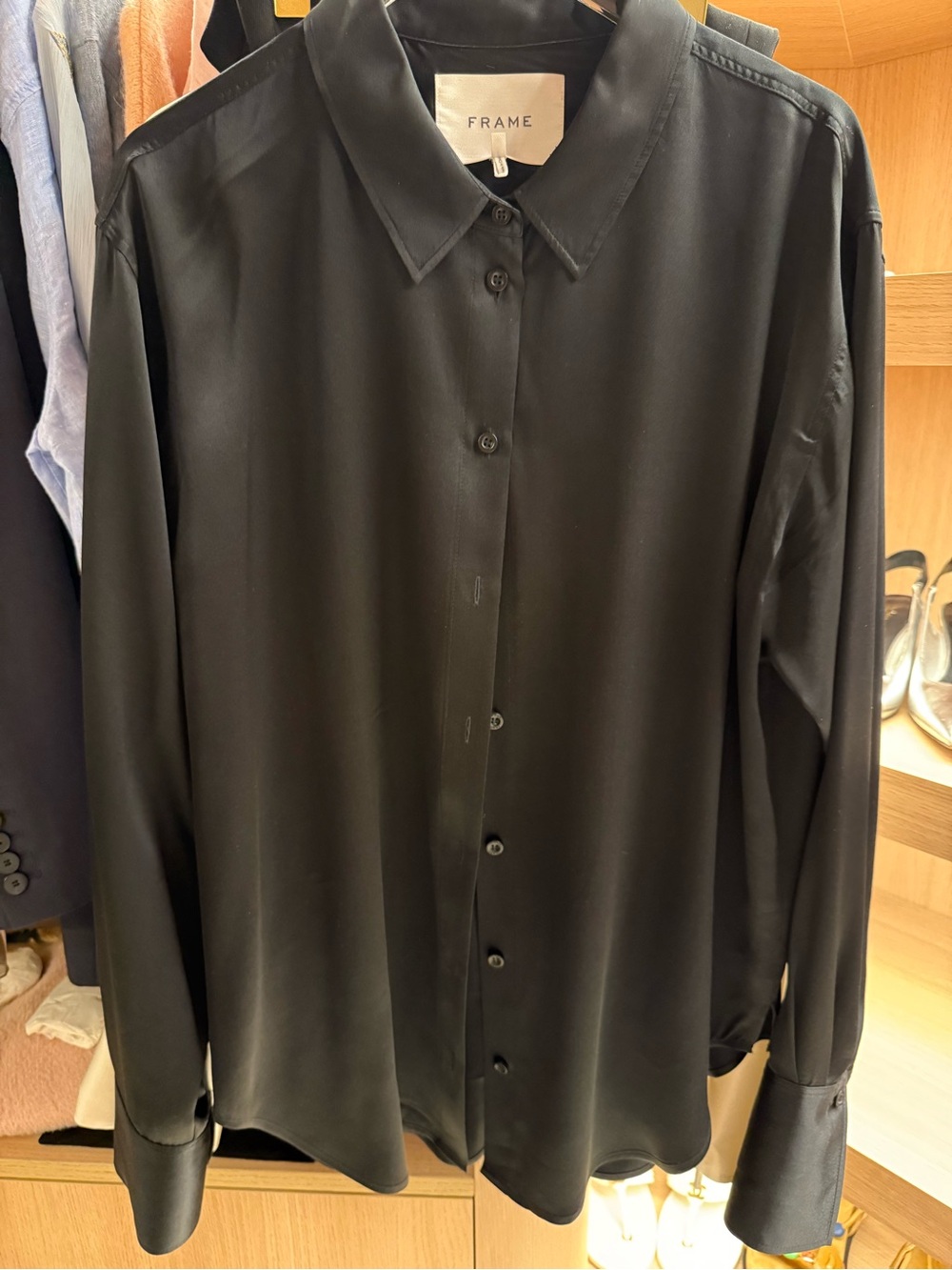 Frame Denim Black Satin Button-Up Blouse